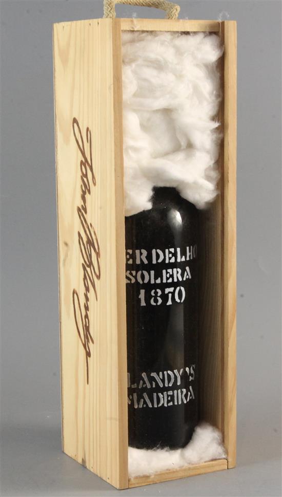 One cased bottle of Blandys Madeira Verdalho Solera, 1870.